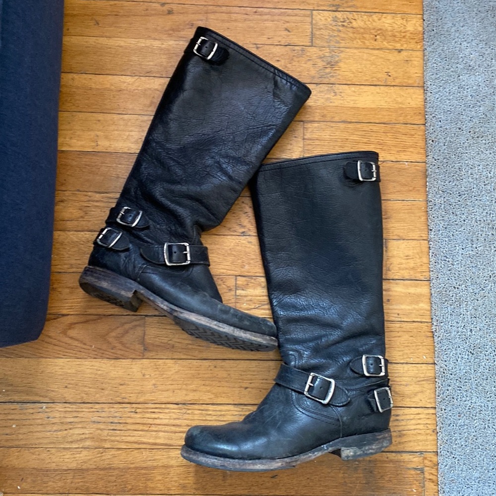 Frye Knee High Tall Black Leather Boots with Back Zip Buckle Strap Detail